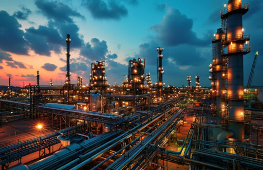 Oil and gas refinery plant or petrochemical industry, aerial view of factory after sunset. Scene of chemical petroleum industrial buildings and sky. Concept of power, steel, energy, facility. Generative AI