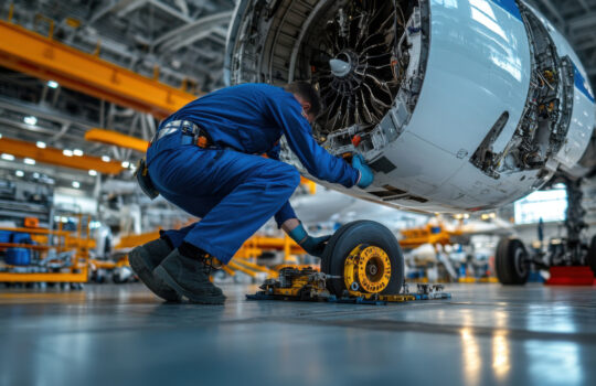 Close-up shot of an aircraft engineer in a blue uniform working on the undercarriage of an Airbus. The photo focuses on the engineer is hands as they use specialized tools to fix a component,