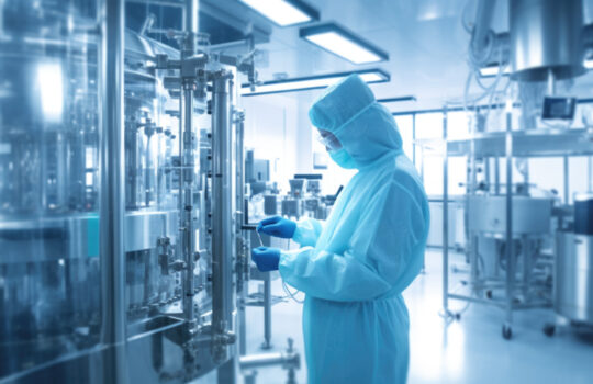 Biotechnology facility, pharma industry. Clean production room, worker or operator in protective clothes.