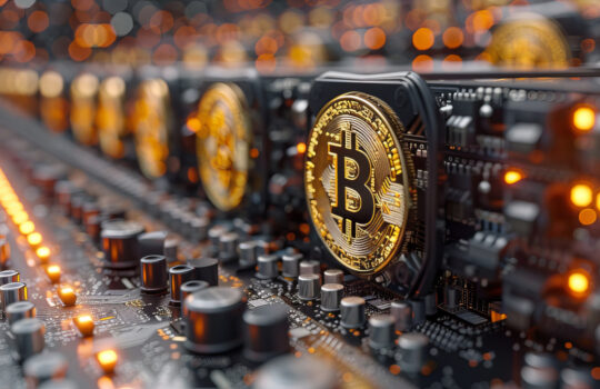 Bitcoin mining hardware with glowing circuit boards and cryptocurrency symbols, illustrating the digital currency mining process in high-tech environment .