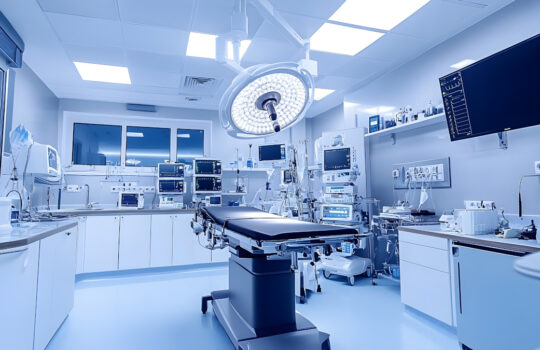 A detailed photograph of a contemporary hospital operating room filled with state-of-the-art medical equipment and technology,exuding a sterile and clinical atmosphere. The room is bathed in bright.