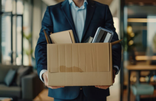 A man in a suit holding a cardboard box filled with office items in a corporate environment.