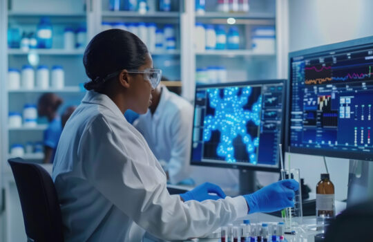 Female biochemist working with computer showing gene therapy interface at medical science laboratory with team of professional biotechnology scientists for developing drugs.