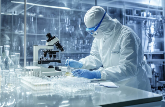 A scientist in a lab coat is wearing a mask and gloves while working with a microscope. The lab is filled with various scientific equipment and glassware, including beakers, test tubes, and a bottle