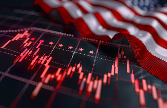 Financial crisis. Decrease in US stock values. Downturn in America's GDP growth. Descending graph against the backdrop of the USA flag. Economic downturn in America. Metaphor for US dollar inflation