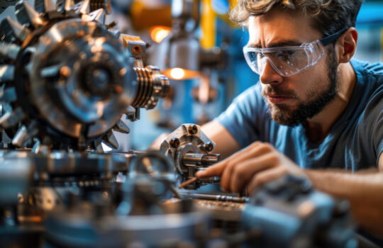 Mechanical engineer adjusting a machine in a high-tech workshop. The engineer is using precision tools to fine-tune the machine's settings. The workshop is well-organized and equipped with various