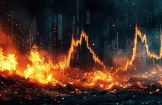 Fiery city skyline with a stock chart.