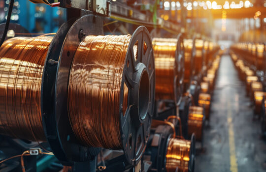 Copper Wire Rolls in Manufacturing Facility. Multiple rolls of copper wire are lined up in a manufacturing facility, showcasing the precision and organization of industrial copper processing.