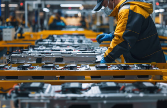 Car factory engineer working on electric vehicle lithium ion battery pack assembly line