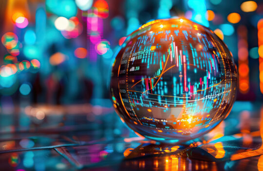 The Crystal Ball of Investments: A mystical ball with swirling market graph patterns, foretelling the future