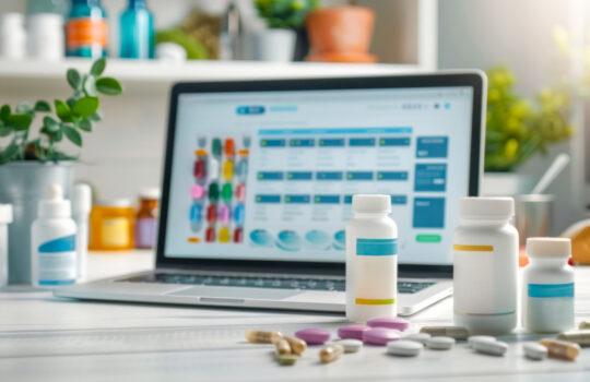 Online pharmacy concept with a laptop displaying medication options and various medicine bottles and pills on a bright, modern desk.