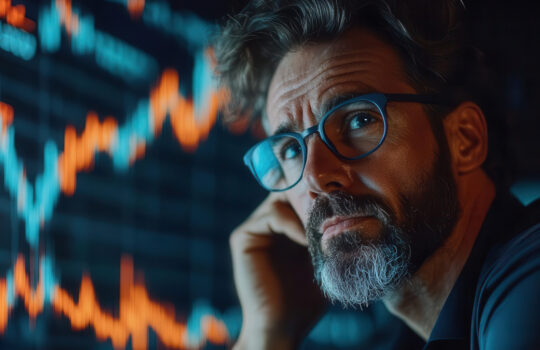 Bearish investor surrounded by collapsing stock graphs, exuding an aura of pessimism and uncertainty