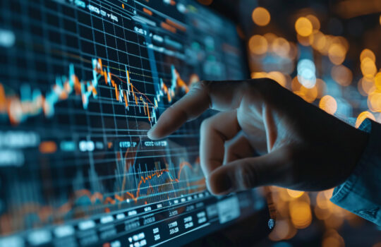 Stock exchange financial investment and trading chart display with ticker price changes using candlestick diagram and moving average lines. Profit rise. Foreign exchange. Individual interacting with virtual display.