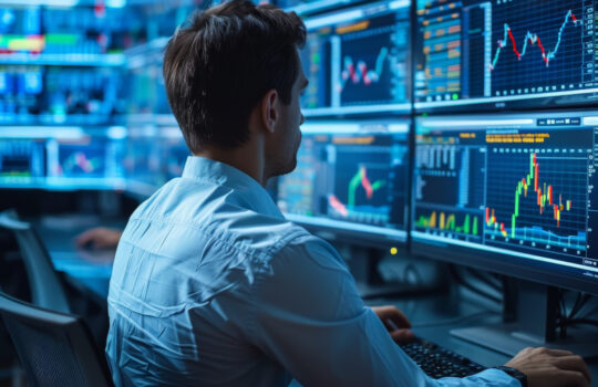 A trader attentively analyzes financial data on numerous screen displays in a modern office