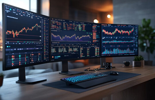 Modern office desk featuring a desktop computer with multiple monitors displaying. financial data and stock market charts. AI Generated.