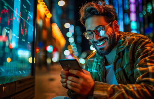 A happy man smiles brightly as he uses his mobile phone to check stock market data on a digital graph in the bustling city at night.