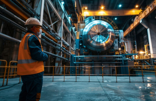 A worker standing in front of a massive uranium processing facility monitoring the machinery.