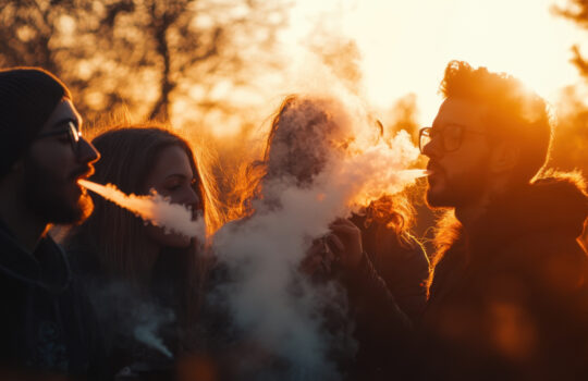 Four friends are vaping outside at sunset, enjoying the fresh air and each other's company
