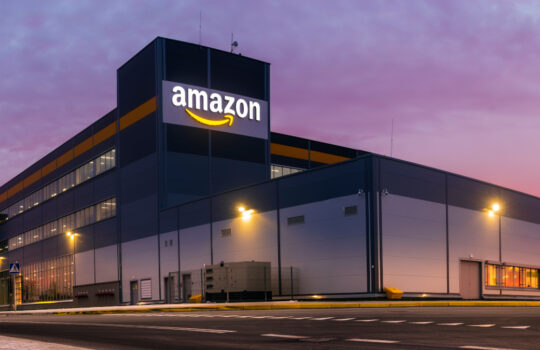 Szczecin, Poland-November 2018: Amazon Logistics Center in Szczecin, Poland in the light of the rising sun,panorama