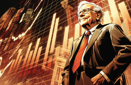 Warren Buffett, depicted in a vintage comic book style with bold lines, halftone shading, and standing in front of the Stock pricing chart, curve going upward.