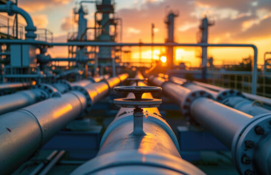 Pipeline of refinery plant and valve at sunset, scenery of gas or oil pipes of petrochemical factory. Perspective view of tube lines and sun. Concept of energy, industry, power and crude. Generative AI