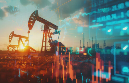 Double exposure photo of oil pumps in a field at sunset with screens showing financial charts revealing rising gas prices