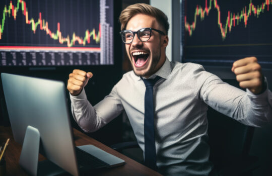 A satisfied crypto trader and investment strategist celebrates successful market analysis, underscoring astuteness and profitability in trading activities
