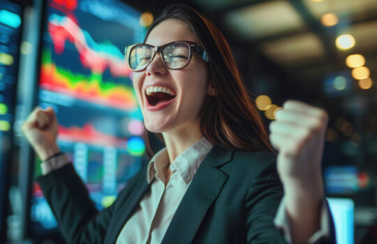 Portrait of a woman with a financial expert who is ecstatic about the success of her accountancy firm. Investor, finance, and female accountant in her company's entrance for investment and trade