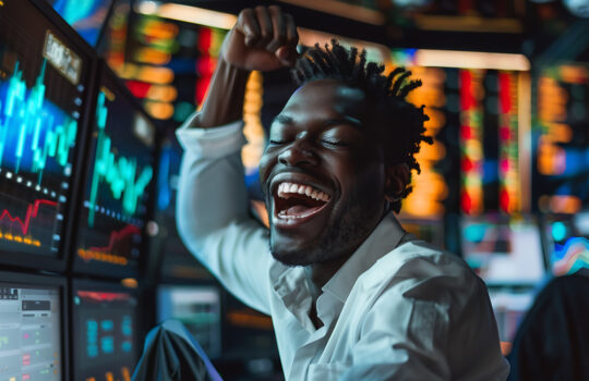 Joyful Trader Celebrating Success in Front of Stock Market Data