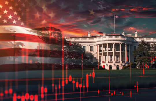 A stock market graph with an American flag and the White House in the background, symbolizing the economic battlefield Generative AI
