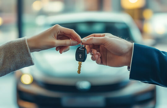 Buy second-hand auto or rent a car concept, Close-up hand of used car agent giving an auto key to client. created with Generative AI technology