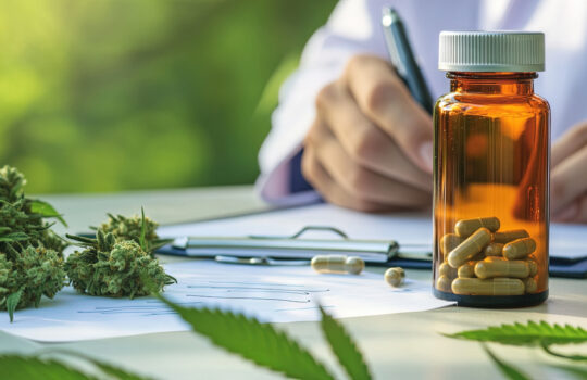 Closeup of medical cannabis in an open bottle and capsule on a table, with marijuana leaves and buds nearby, Doctor writing on prescription blank and bottle with medical cannabis. --ar 2:1 --v 6.1 Job ID: 53825905-6911-45a7-aef4-65057ad4d38e
