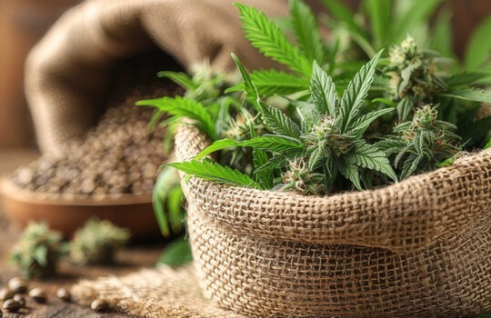 Cannabis plants and seeds displayed in burlap sacks on a wooden table