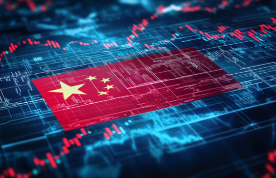 A Chinese flag with a stock market chart, finance, economy and growth data.