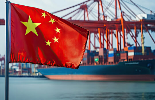 Chinese flag near port. Arrows of cranes from sea harbor. Deliveries to port of China. Deliveries of goods from PRC. Maritime logistics in China. Import of Chinese goods by sea. Export at China --ar 16:9 --v 6.1 Job ID: 45f955ca-c607-42ae-afaa-150999a10674