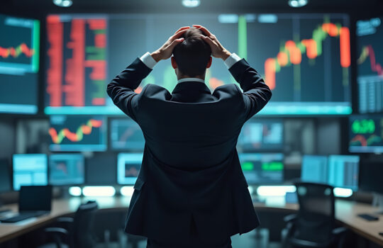 Stressed Stock Exchange Trader Can't Apprehend a Sudden Stock Market Collapse. Financial Crisis Concept with Stock Broker Saddened by Negative Ticker Information, Red Graphs and Real-Time Data