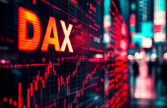 Rote Leuchtreklame DAX - Börsenhandel in Deutschland, Darstellung DAX Aktienmarkt auf großem Monitor, Börsenhandel der größten deutschen Unternehmen