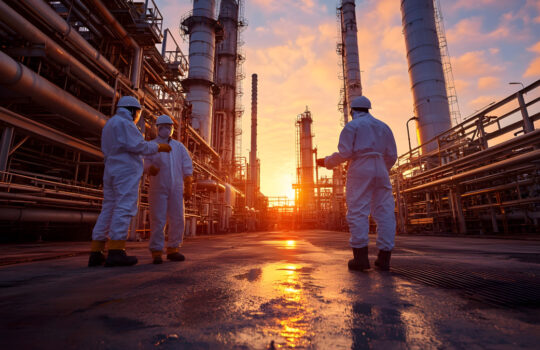 Workers in protective gear inspecting pipelines in an oil refinery at dawn
