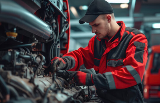Expert Mechanic Inspecting Heavy-Duty Truck Engine