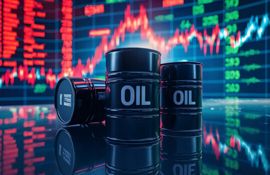 Barrels of crude oil with finance market rise and fall background