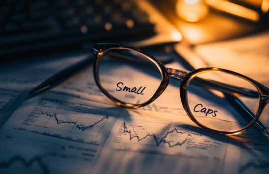 Notes with words written in small letters sit on a desk with word "Small Caps", representing the stock market.