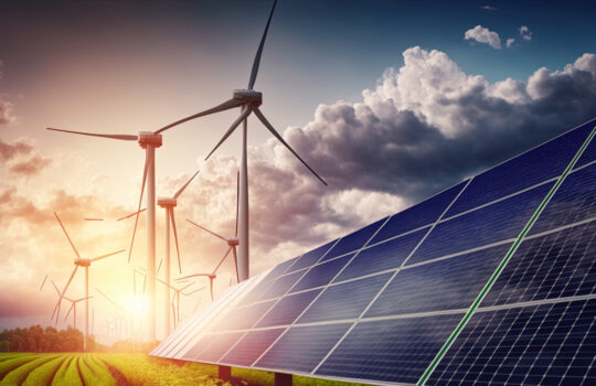 The generation of sustainable green energy using solar energy panel photovoltaic cells and wind turbine farms is a friendly enterprise. Concept of clean, sustainable development. Generative AI