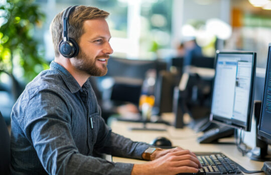 Tech support specialist assisting customer via video call. Professional IT assistance through remote support.