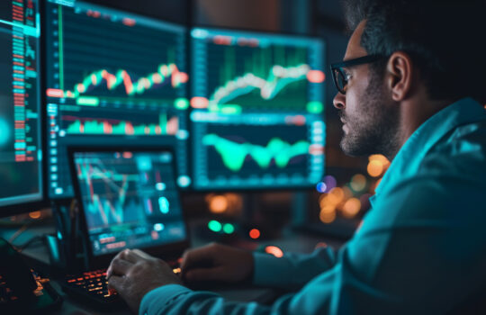 Focused trader analyzing live stock market graphs on computer monitor for strategic investment planning