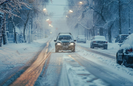 Cars covered with snow on the road in a snowy winter blizzard day. ai generative.