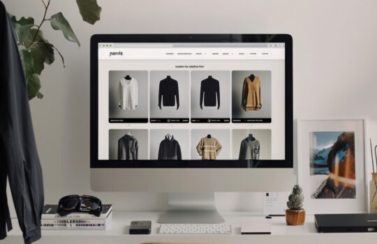 Sleek e-commerce website interface displayed on a desktop, featuring high-quality fashion images, intuitive navigation, and an efficient checkout system, providing users with a smooth online shopping journey.