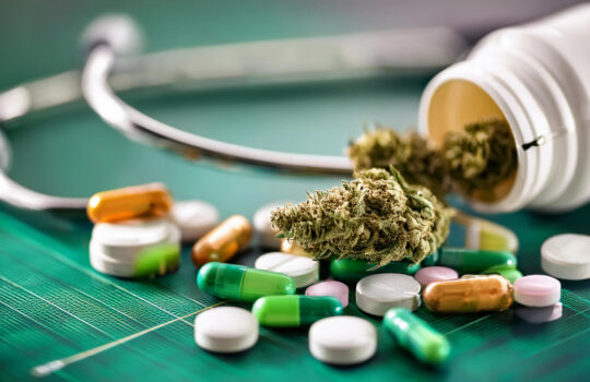 Cannabis versus medicine, alternative medicine, natural remedies, hemp, marijuana, legal cannabis from the pharmacy, cannabis leaf with pills