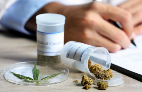 Doctor writing on prescription blank and bottle with medical cannabis on table close up