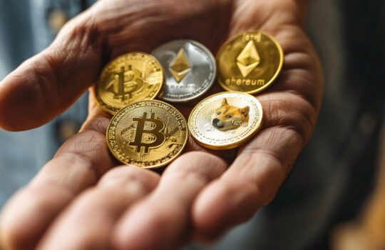 A man's hand offering one bitcoin, one doge coin and one etherium coin.