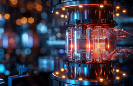 A glowing quantum computer with visible data streams,